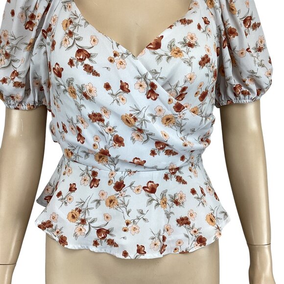 ASTR The Label Top Size XS Xsmall Floral Puff Sleeve Wrap Blouse‎ Taupe Rust - Picture 8 of 8